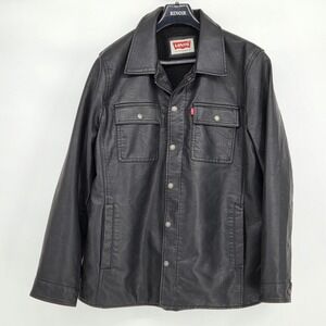 Levi's Men's Large Faux Leather Sherpa Lined Trucker Jacket Black Button Up Coat